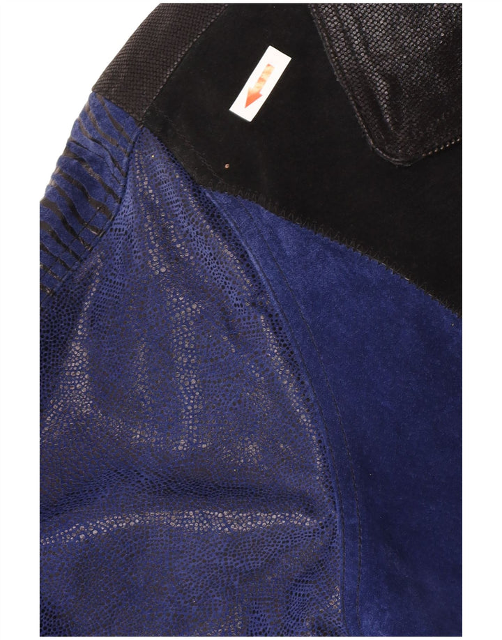 Sobretudo de camurça vintage feminino UK 12 couro colorblock azul médio