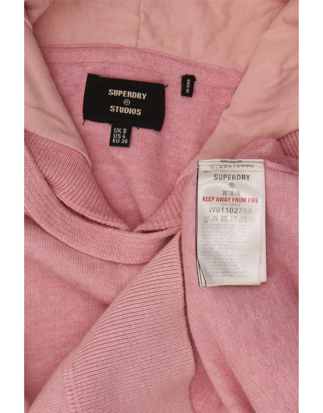 Jumper com capuz feminino SUPERDRY UK 8 pequeno algodão rosa