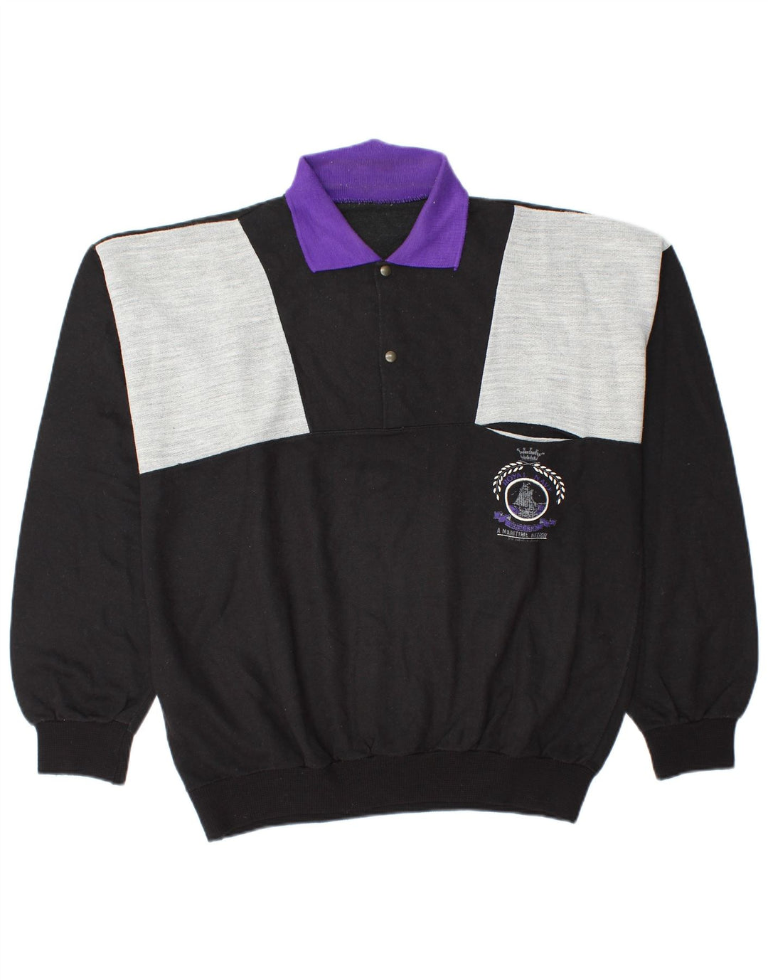 Suéter vintage masculino com gola polo e bloco colorido preto médio