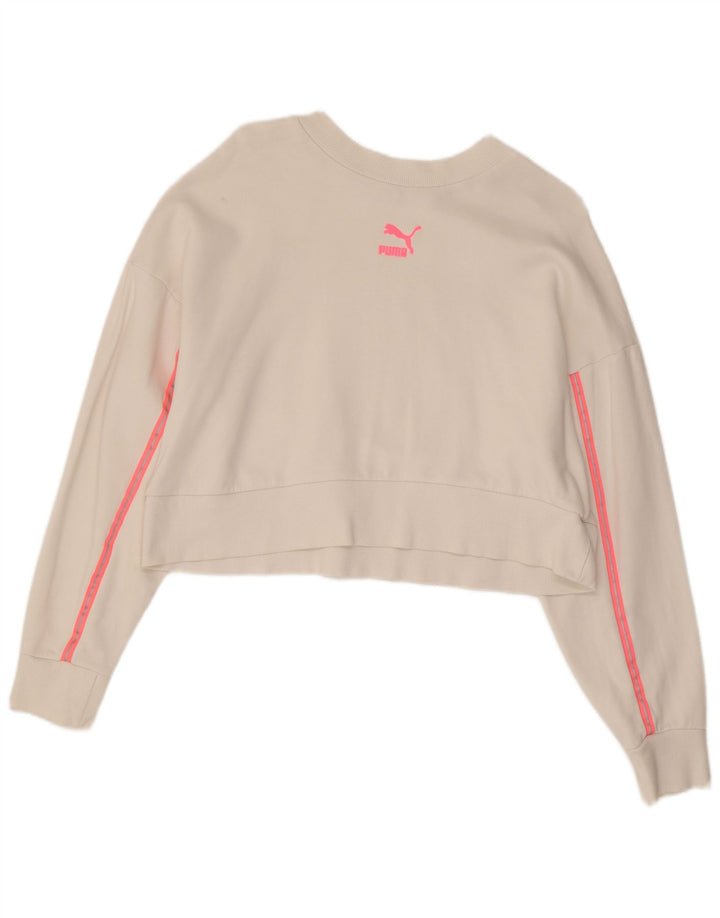PUMA Womens Crop Graphic Sweatshirt Jumper UK 14 Medium Off White Cotton
