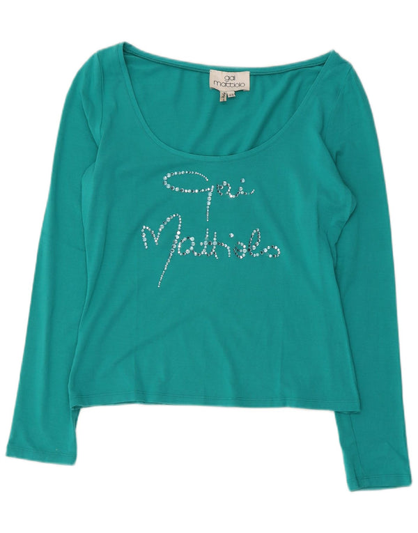 Gai Mattiolo Womens Crop Graphic Top Long Sleeve IT 48 XL Turquoise Viscose