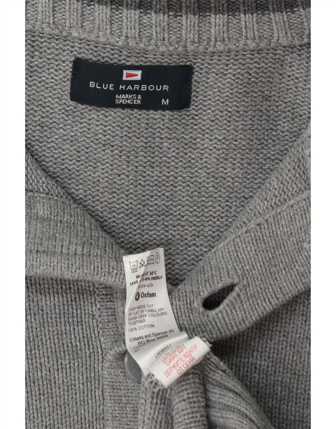 Suéter masculino Marks & Spencer Blue Harbor com botão e gola cinza médio