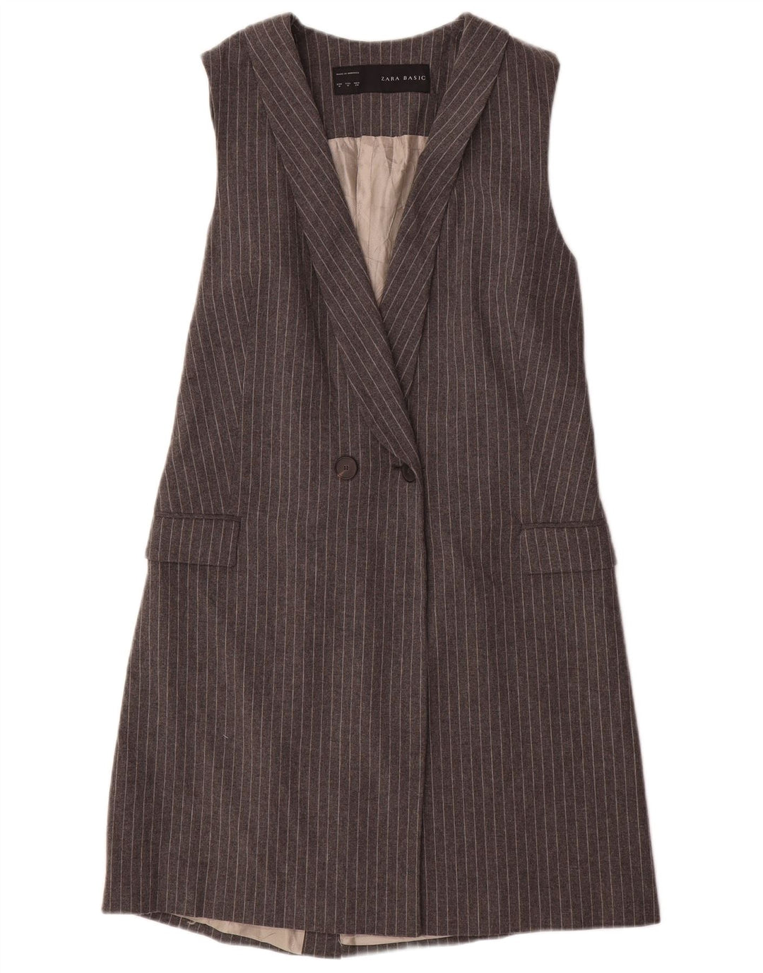 Jaqueta blazer feminina sem mangas Longline Zara Reino Unido 12 risca de giz cinza médio