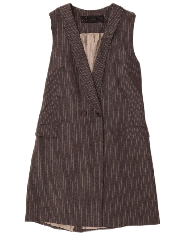 Jaqueta blazer feminina sem mangas Longline Zara Reino Unido 12 risca de giz cinza médio