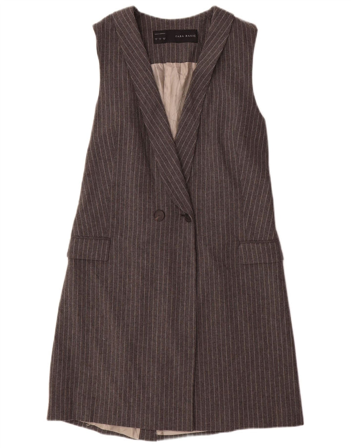 Jaqueta blazer feminina sem mangas Longline Zara Reino Unido 12 risca de giz cinza médio