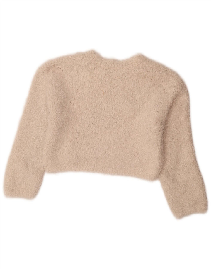 Zara Suéter feminino cropped com gola redonda Reino Unido 10 pequeno poliéster branco