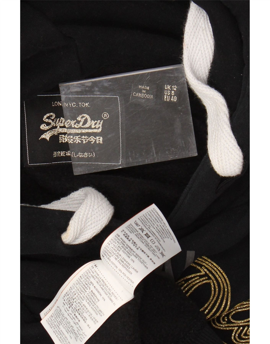 Jumper feminino com capuz gráfico SUPERDRY Reino Unido 12 algodão preto médio