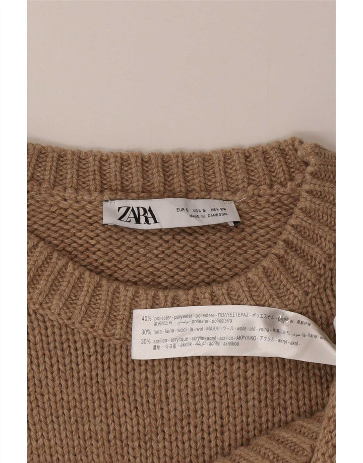 Zara Suéter feminino oversized com gola redonda Reino Unido 10 pequeno poliéster marrom