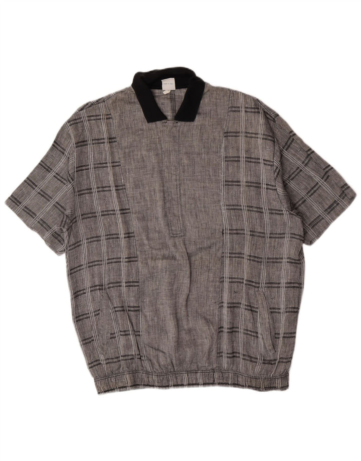 Camisa pulôver masculina vintage de manga curta xadrez cinza médio