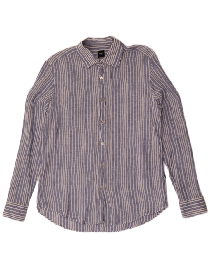 Camisa masculina Hugo Boss grande linho listrado azul