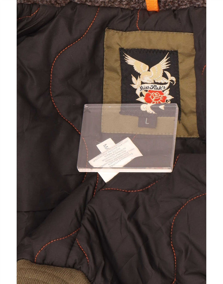 Jaqueta bomber com capuz feminina vintage UK 16 grande poliamida cáqui