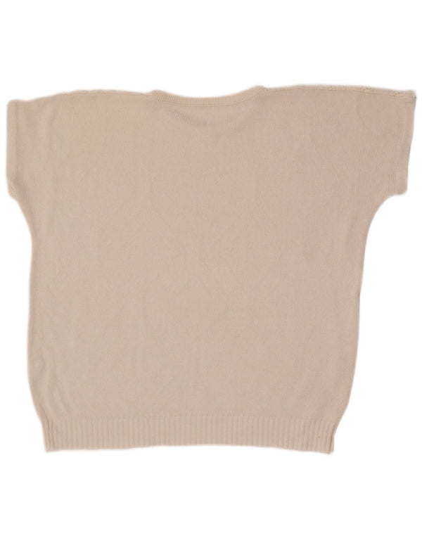 Suéter feminino vintage com gola redonda UK 14 médio branco geométrico