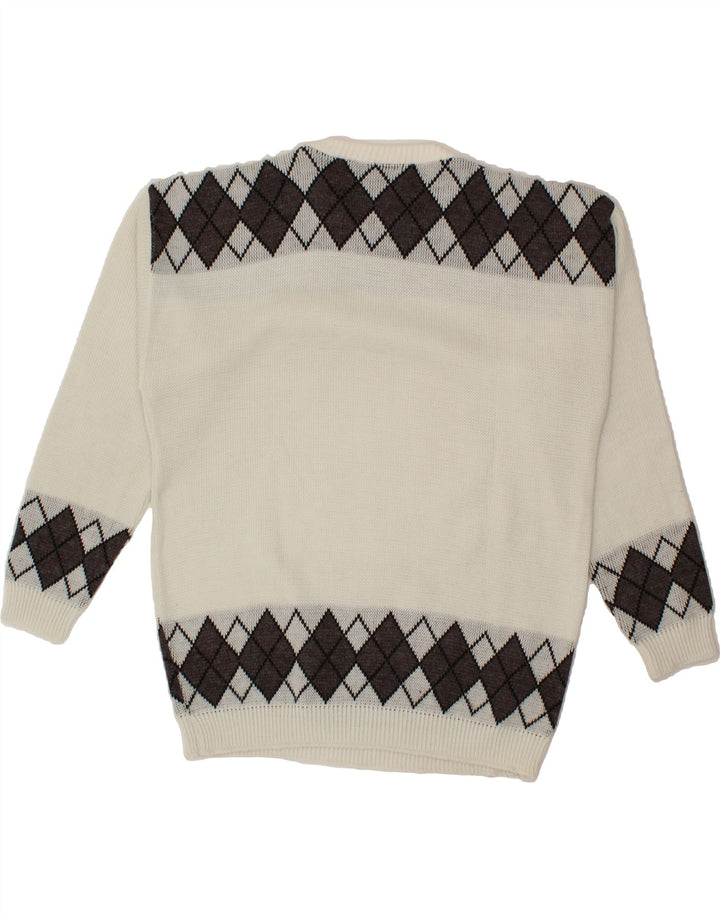 VINTAGE Mens Graphic Boat Neck Jumper Sweater XL White Argyle/Diamond Vintage Vintage and Second-Hand Vintage from Messina Hembry 