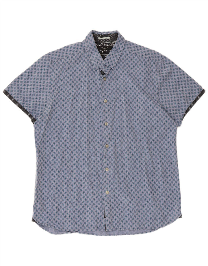 Camisa masculina de manga curta Ted Baker tamanho 5 XL algodão manchado azul