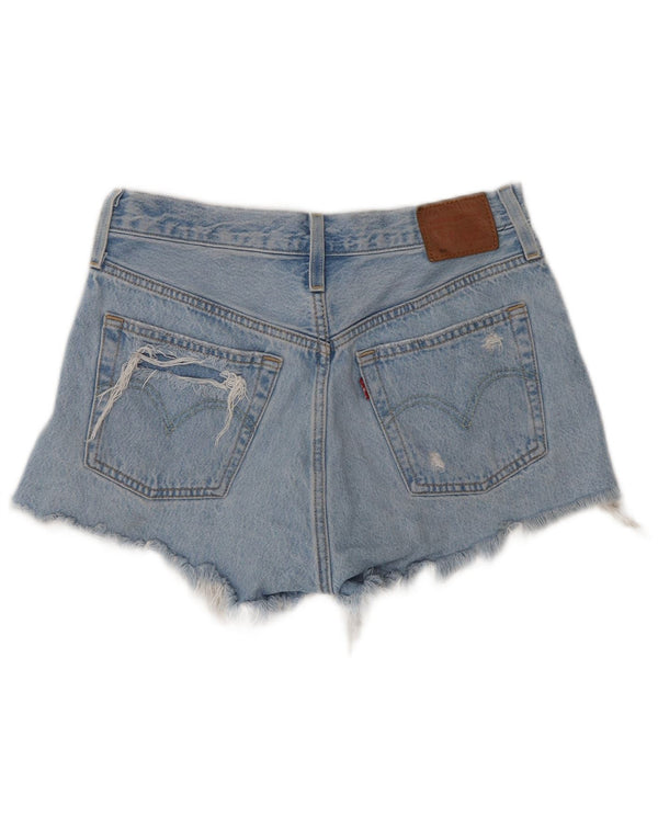 Shorts jeans feminino Levi's 501 de cintura alta desgastado W27 pequeno algodão azul