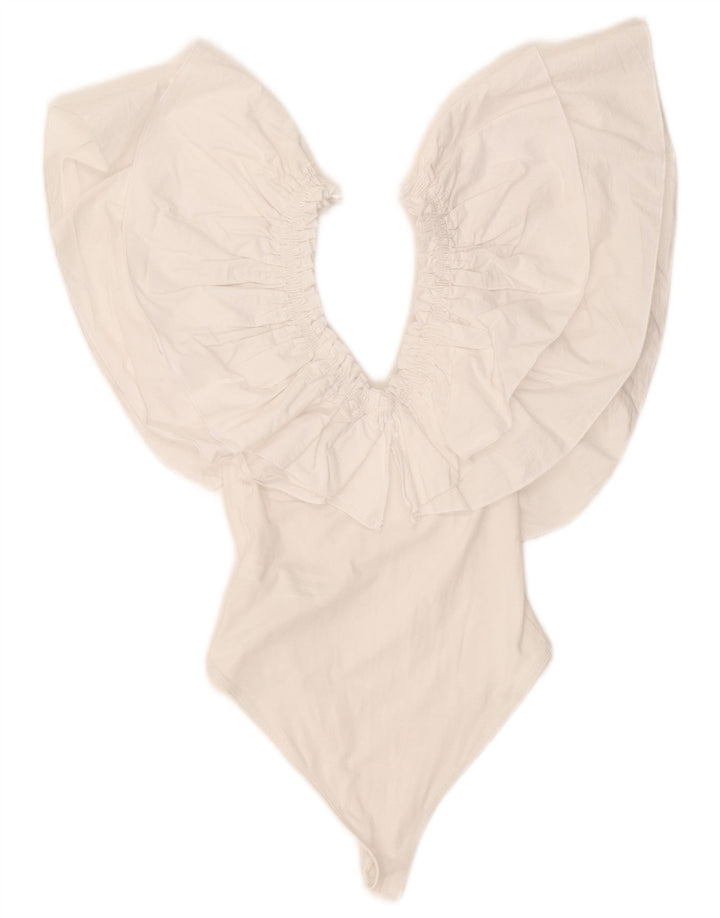 Macacão feminino Zara com ombros de fora UK 8 pequeno algodão branco