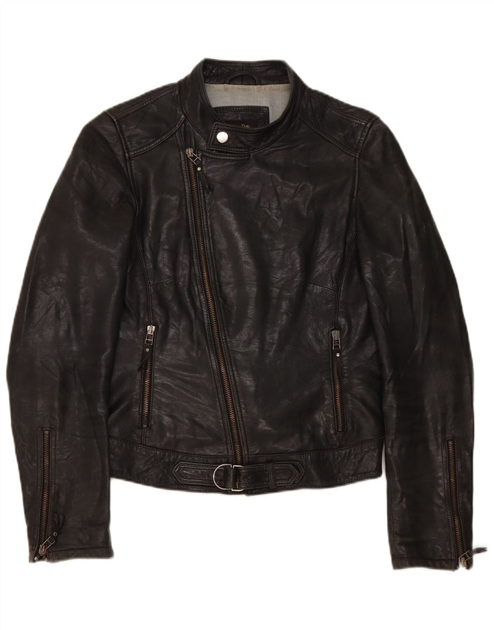 Jaqueta feminina de couro de motociclista Massimo Dutti Reino Unido 10 pequena preta