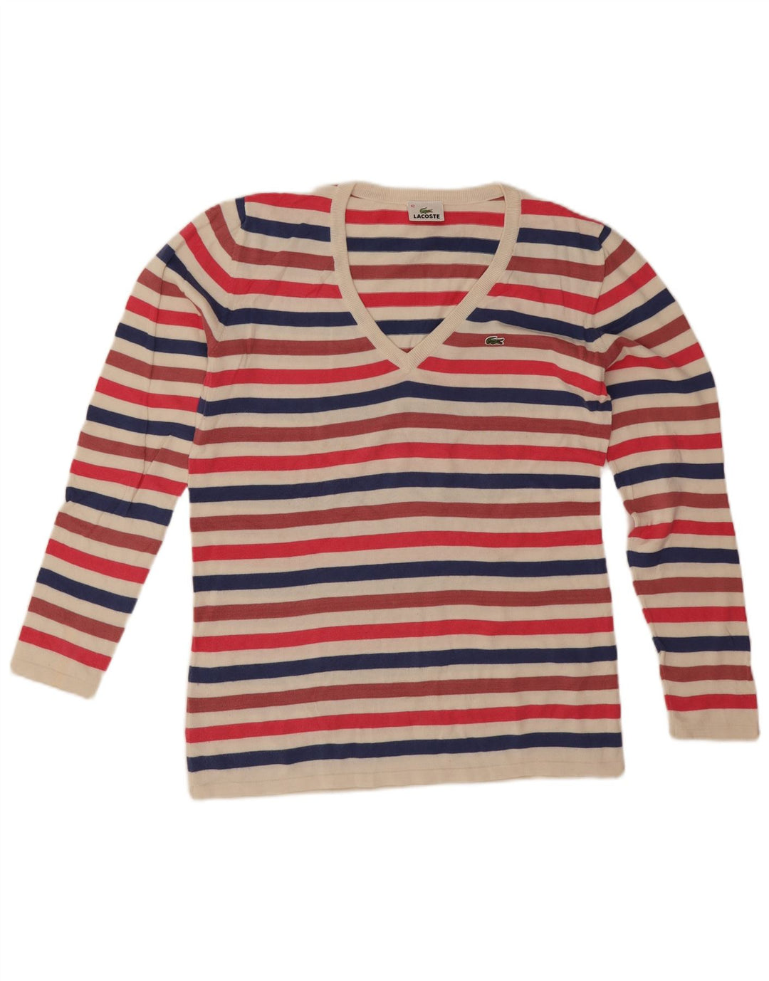 Suéter feminino Lacoste com decote em V tamanho 42 grande listrado multicolorido