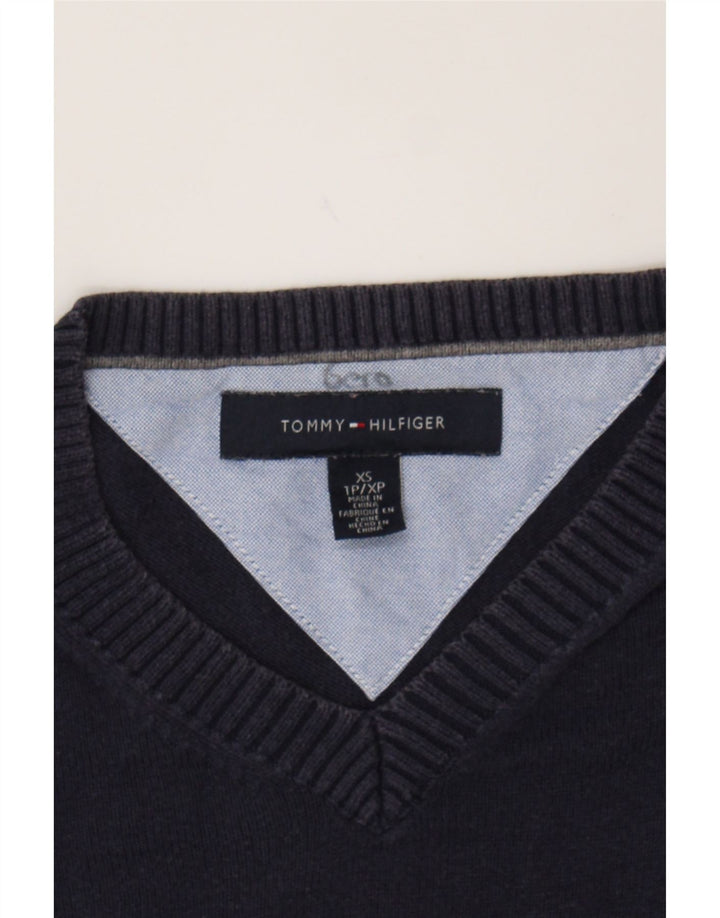 TOMMY HILFIGER Mens V-Neck Jumper Sweater XS Navy Blue Cotton Vintage Tommy Hilfiger and Second-Hand Tommy Hilfiger from Messina Hembry 