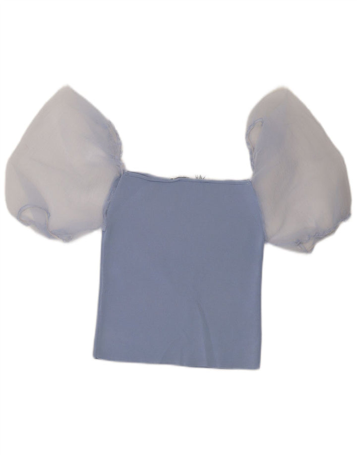 Top feminino Zara com ombro de fora UK 12 bloco colorido azul médio