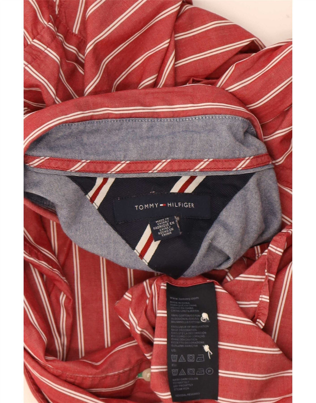 Camisa masculina Tommy Hilfiger média listrada vermelha de algodão