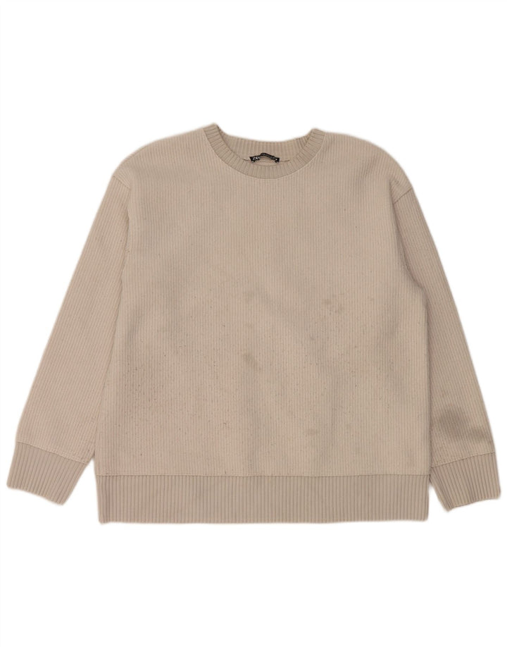 Zara Suéter feminino com gola redonda, Reino Unido 14 Médio Off White Poliéster