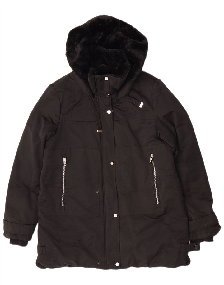 Zara Womens Hooded Parka Jacket UK 14 Médio Algodão Preto