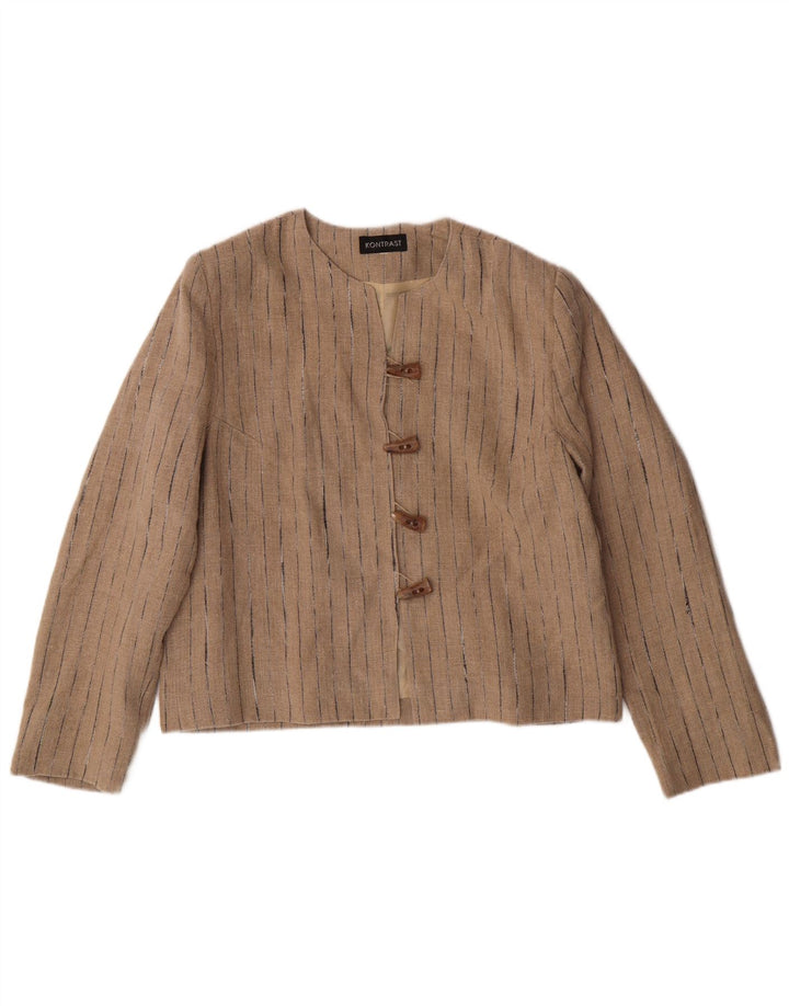 Jaqueta blazer feminina VINTAGE com 4 botões Reino Unido 14 linho listrado bege médio