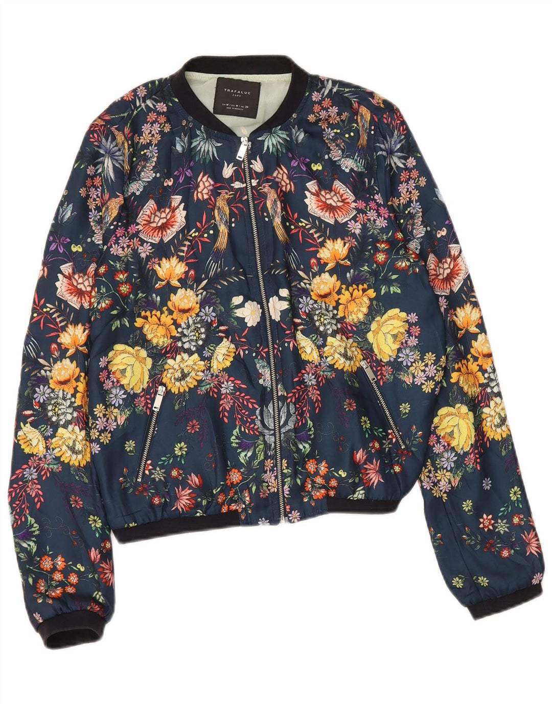 Zara Jaqueta feminina Trafaluc Graphic Bomber UK 14 Médio Azul Marinho Floral