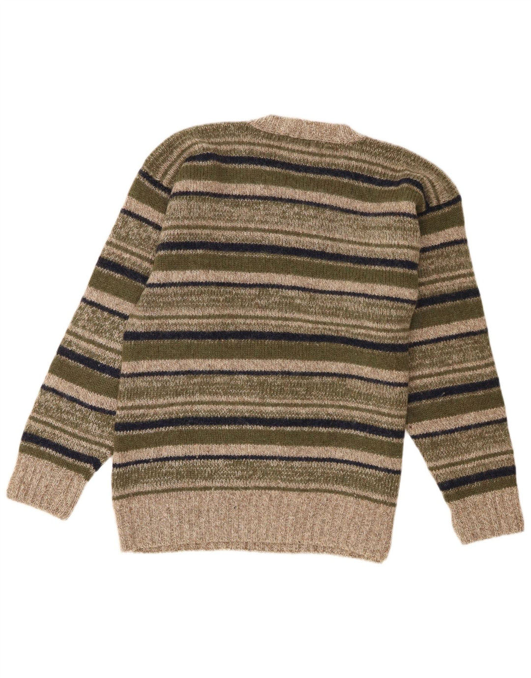 Suéter masculino vintage com decote em V grande lã listrada cáqui