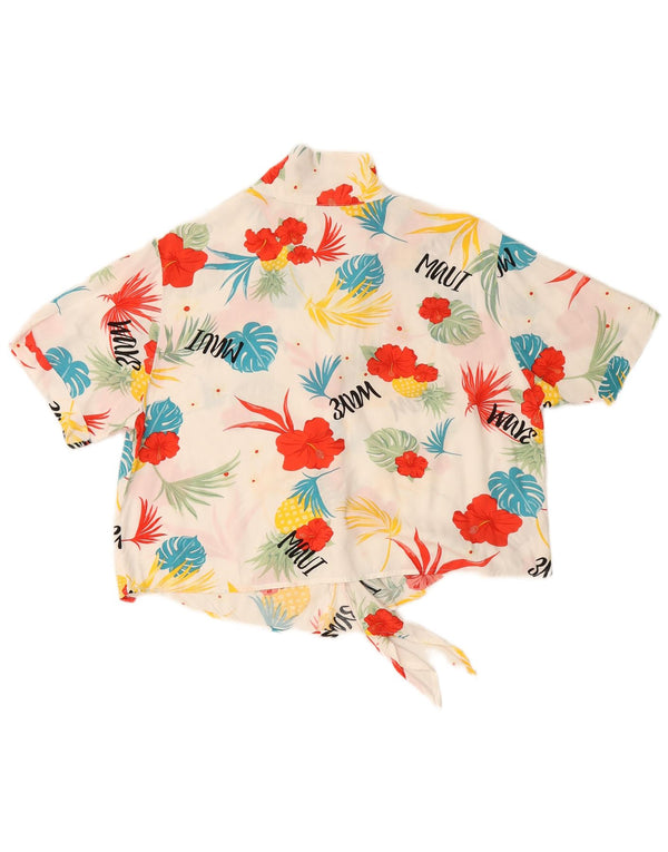 Blusa feminina VINTAGE com gravata frontal e corte frontal Reino Unido 16 grande floral branco