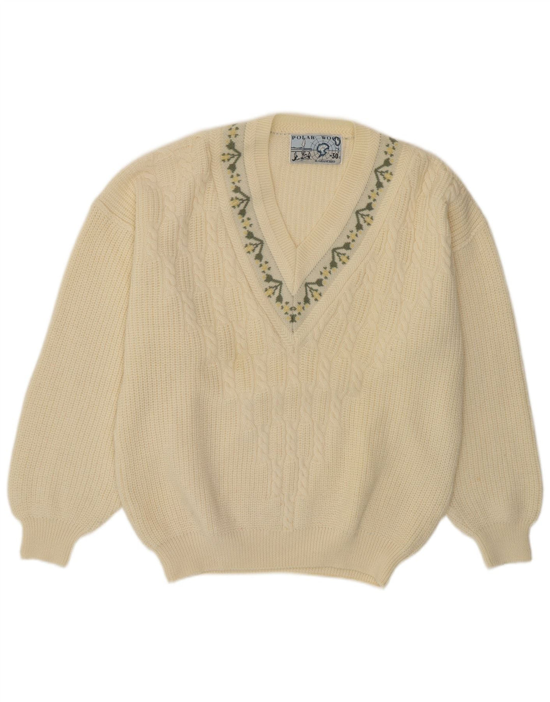 Il Granchio Suéter masculino com decote em V XL Off White Floral Nova Lã