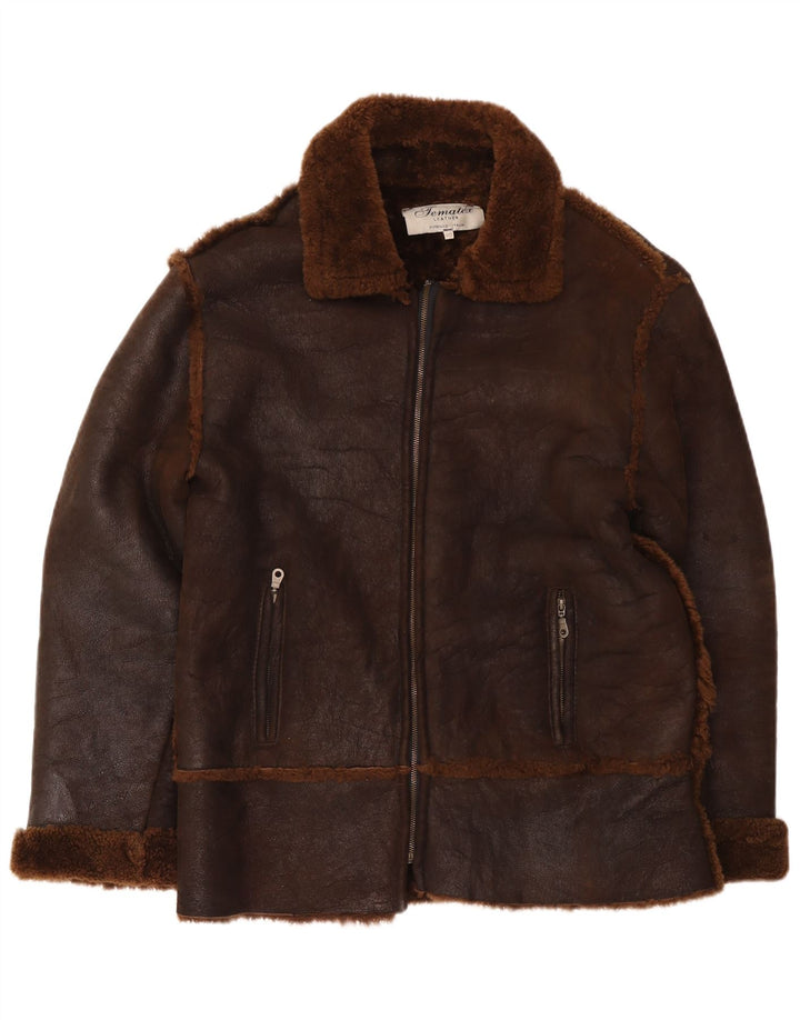 Jaqueta masculina vintage de shearling IT 50 grande couro marrom