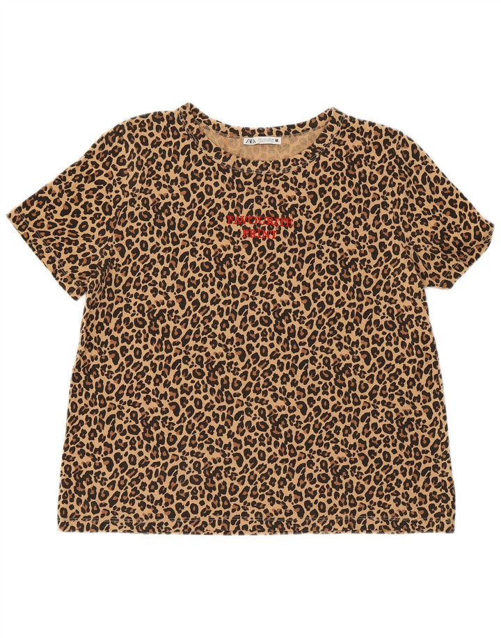 ZARA Camiseta Feminina Crop Graphic Top UK 16 Grande Bege Animal Print