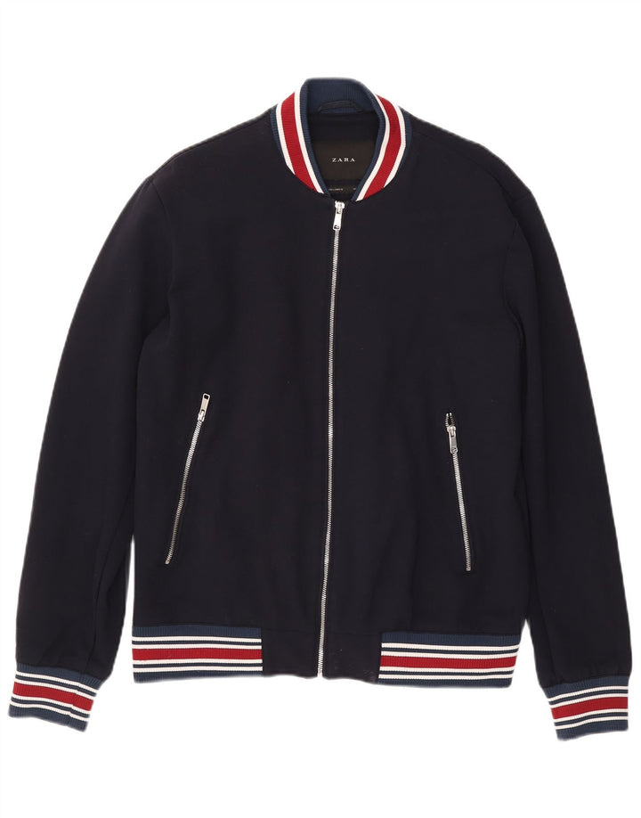 Jaqueta bomber masculina Zara UK 40 grande viscose listrada azul marinho