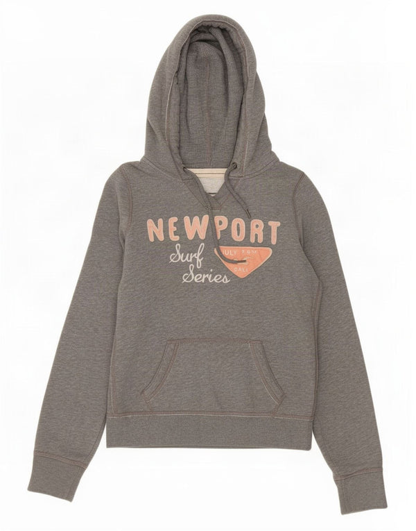Jumper feminino com capuz gráfico Hollister UK 14 algodão cinza médio