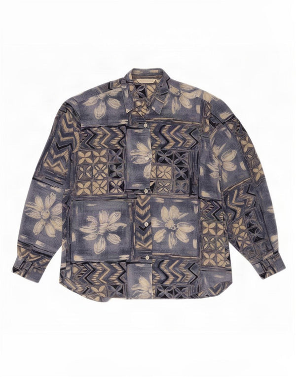 Camisa feminina vintage blusa IT 42 seda patchwork azul médio