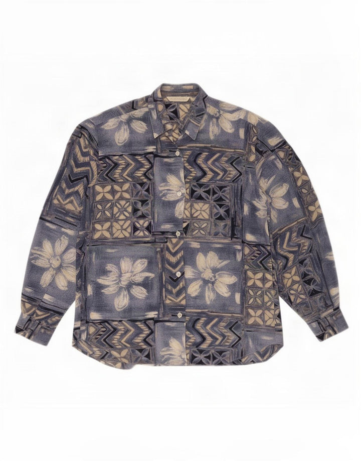 Camisa feminina vintage blusa IT 42 seda patchwork azul médio