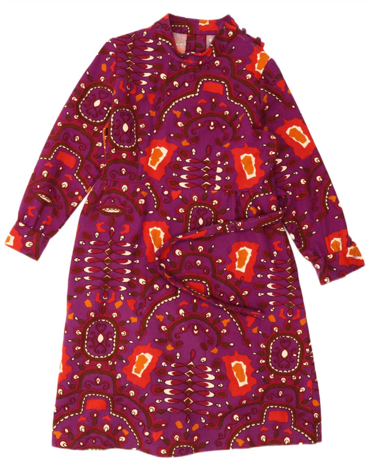 Vestido feminino vintage com padrão abstrato linha A Reino Unido 12 roxo médio