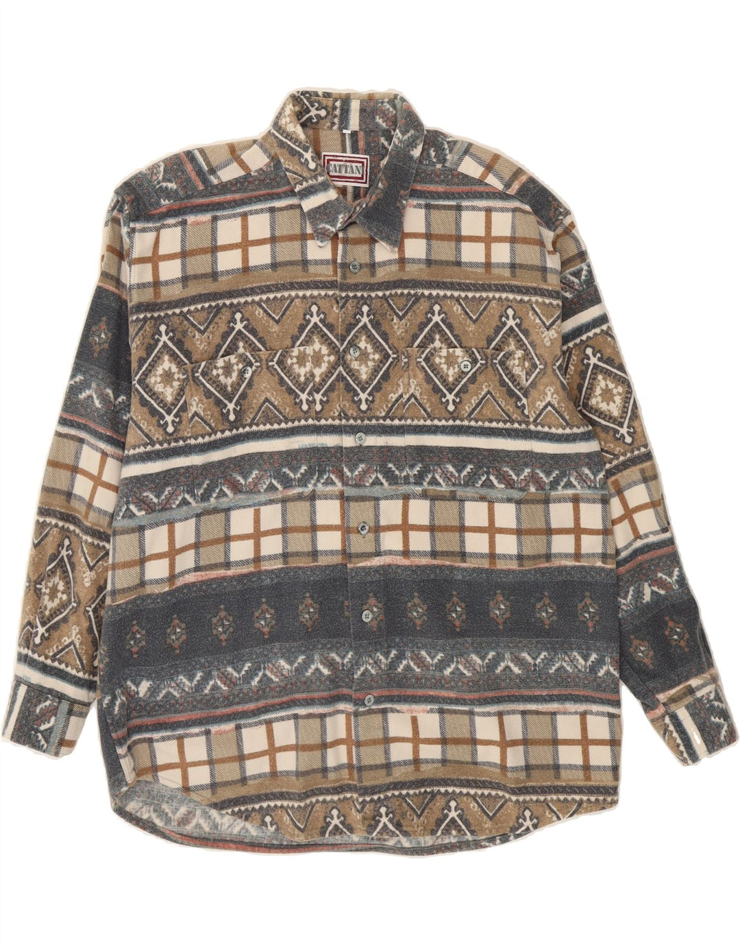 CATTANI Mens Flannel Shirt XL Beige Fair Isle Cotton Vintage Cattani and Second-Hand Cattani from Messina Hembry 