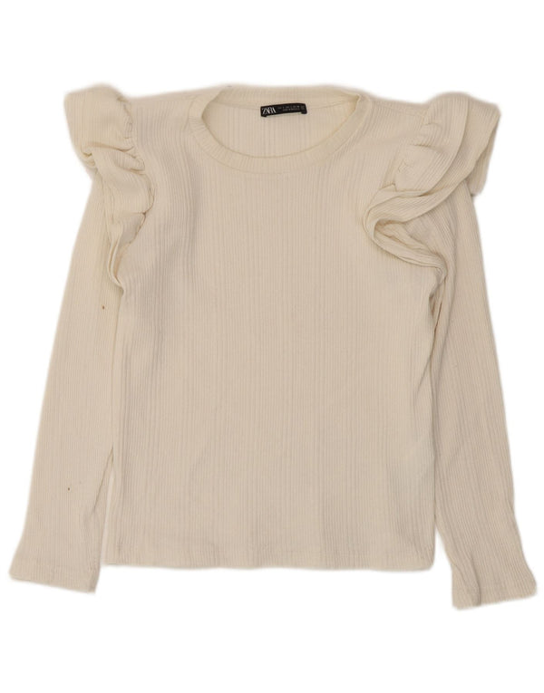 Zara Crop Top Feminino Manga Longa Reino Unido 8 Pequeno Algodão Off White