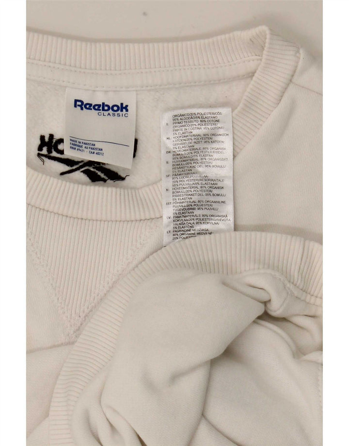 Reebok feminino gráfico crop moletom jumper UK 8/10 pequeno poliéster branco