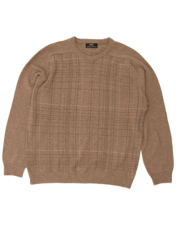 Marks & Spencer Mens Crew Neck Jumper Sweater Medium Beige Check Lambswool