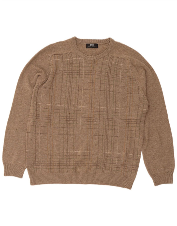 Suéter masculino Marks & Spencer com gola redonda, lã de carneiro xadrez bege médio