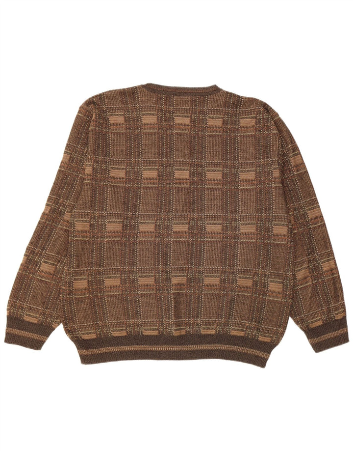 Suéter vintage masculino com gola redonda, grande xadrez marrom
