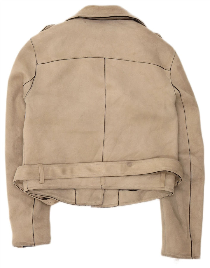 Zara Womens Crop Biker Jacket UK 10 Pequeno Poliéster Bege