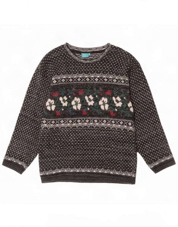 Suéter feminino vintage com gola canoa UK 14 algodão floral cinza médio
