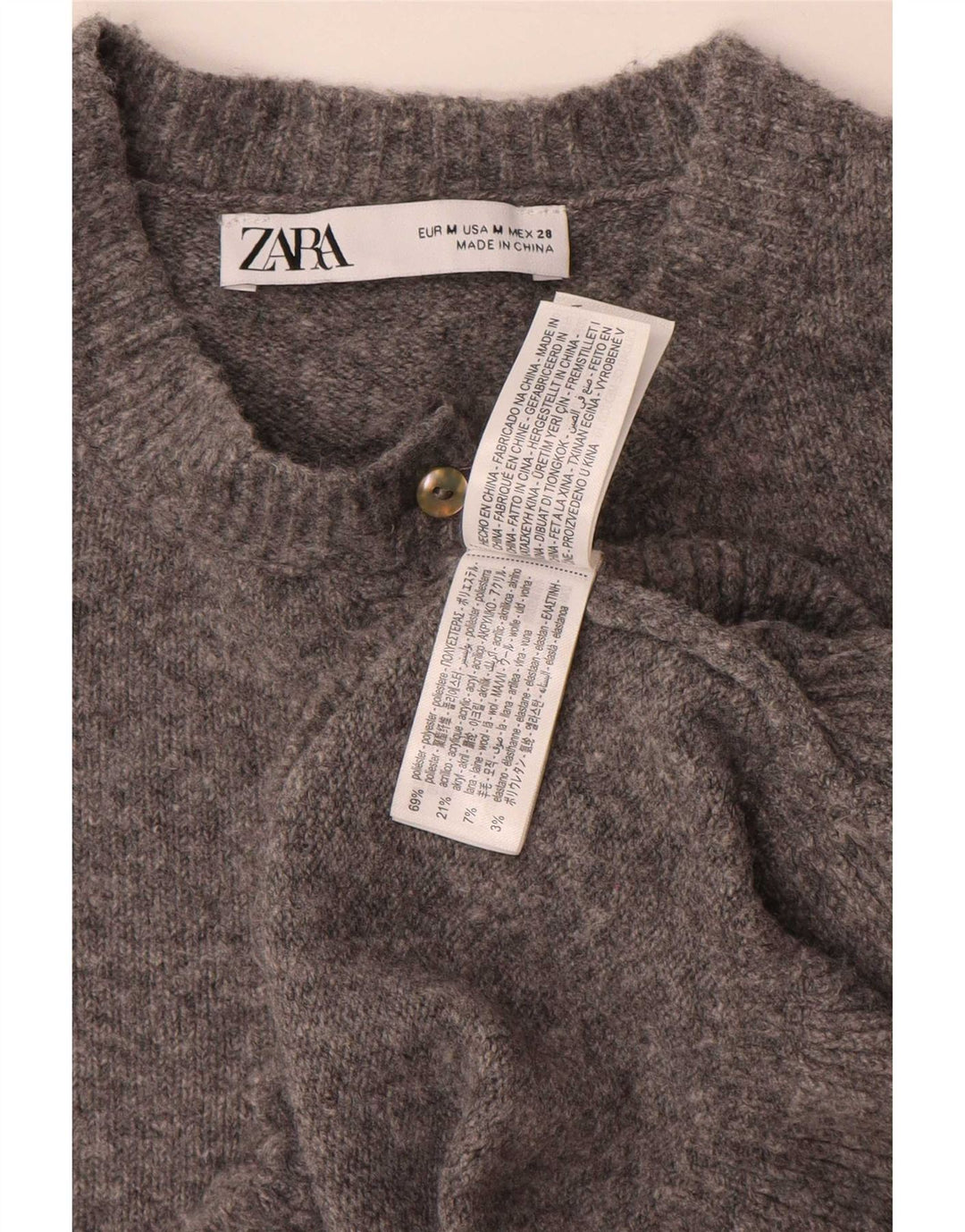 Suéter cardigã feminino Zara UK 14 poliéster cinza médio