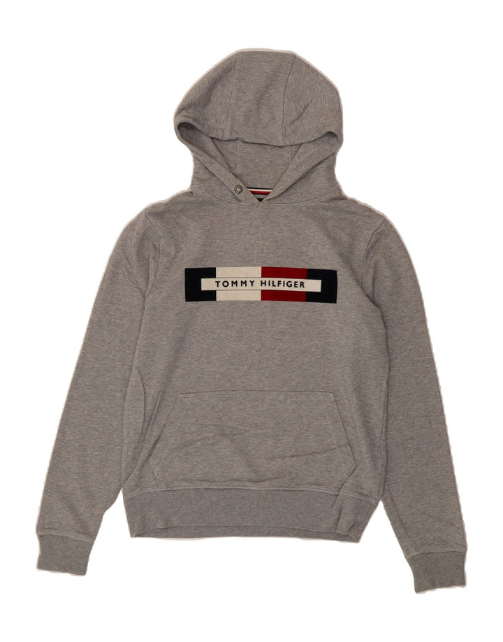TOMMY HILFIGER Mens Graphic Hoodie Jumper Small Grey Cotton Vintage Tommy Hilfiger and Second-Hand Tommy Hilfiger from Messina Hembry 