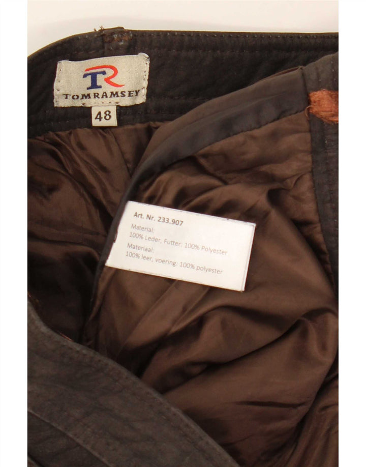 Calça masculina de couro fino Tom Ramsey EU 48 médio W32 L29 couro marrom